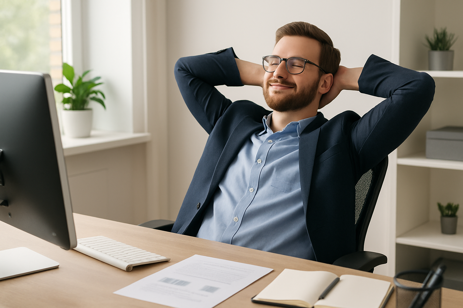 a men relaxing at his desk office, on his chair