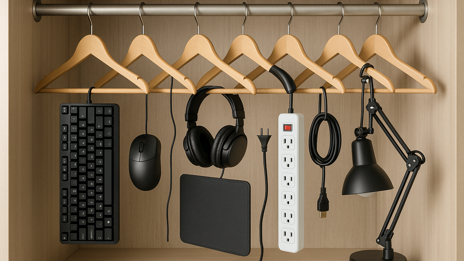 fait un dressing avec des cintres sur lesquels sont accroché un clavier de pc, une souris de pc, un tapis de souris, un headphone, une multiprise, un cable hdmi, une lampe de bureau