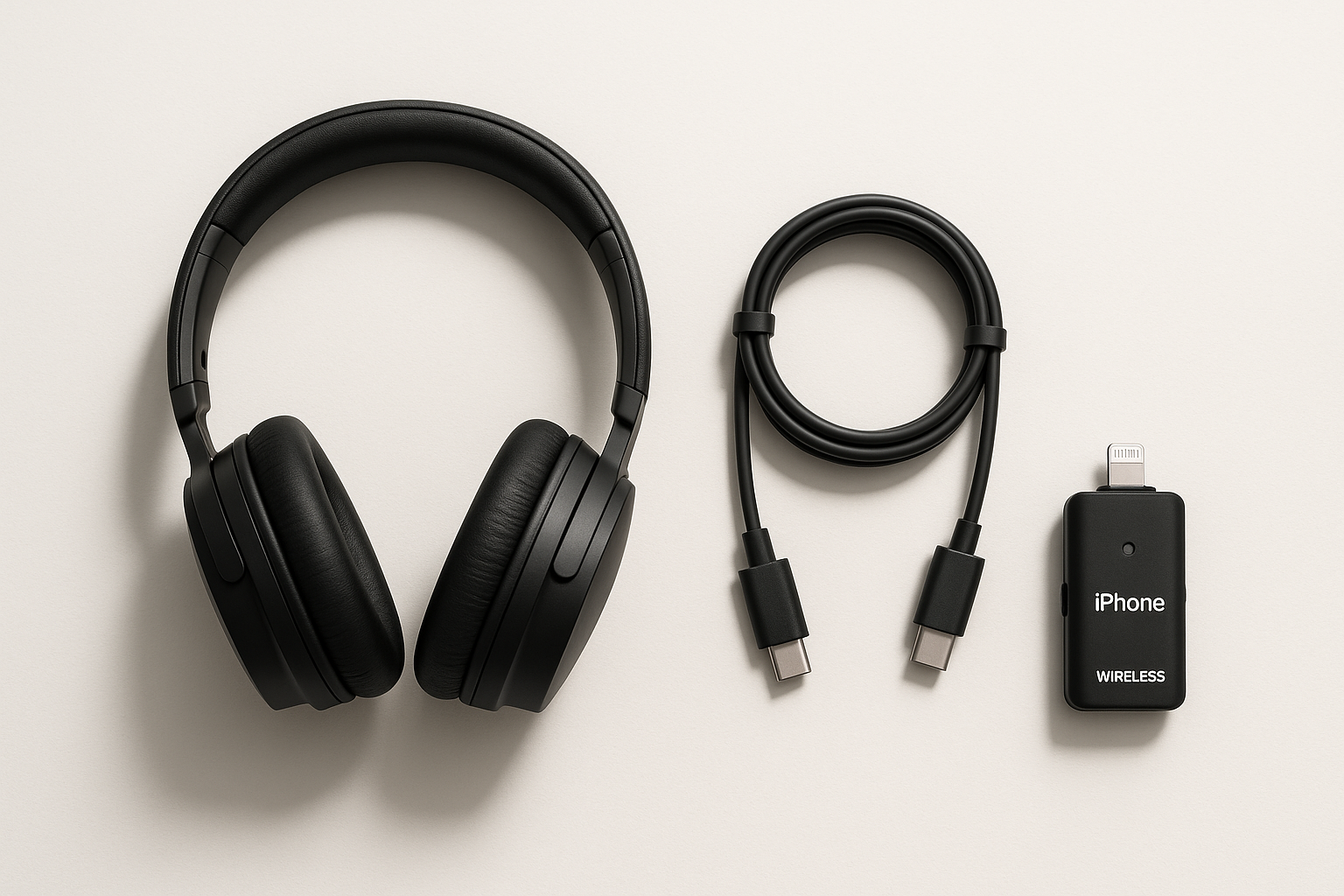 make an image of wireless headphone and usb c cable and iphone wireless recorder