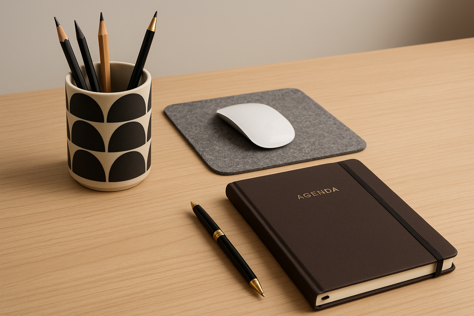 un bureau sur lequel on voit un porte crayons design, avec un tapis de souris gris en feutrine et un agenda et un beau stylo