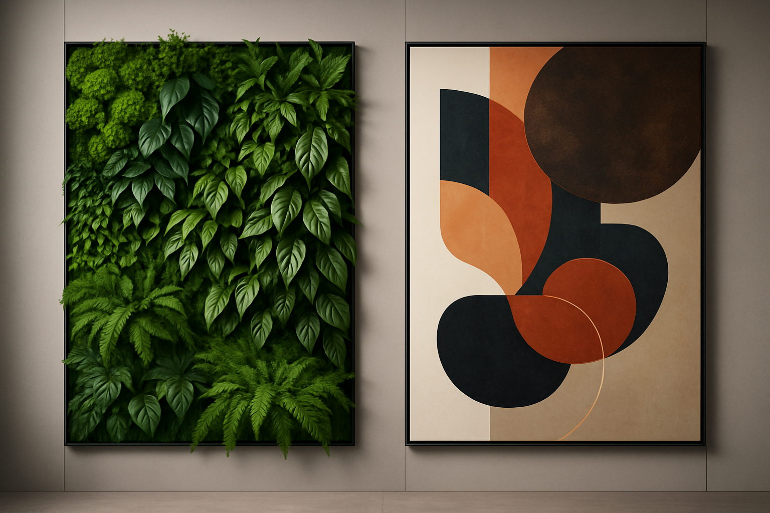 un mur avec une décoration de mur végétal et un tableau abstrait très design