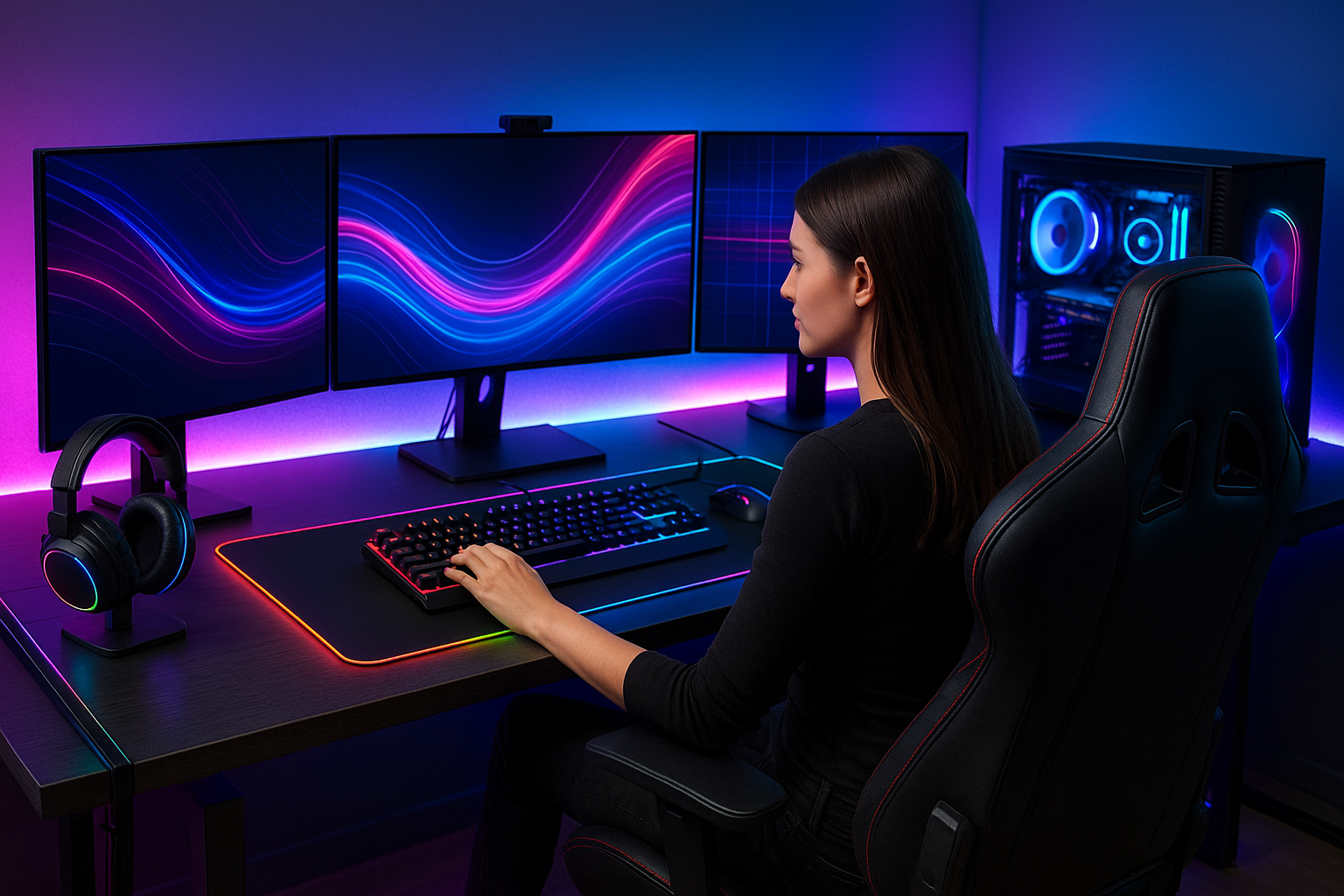 une femme assis sur son siege de gamer qui est sur un superbe bureau de gamer ultra équipé